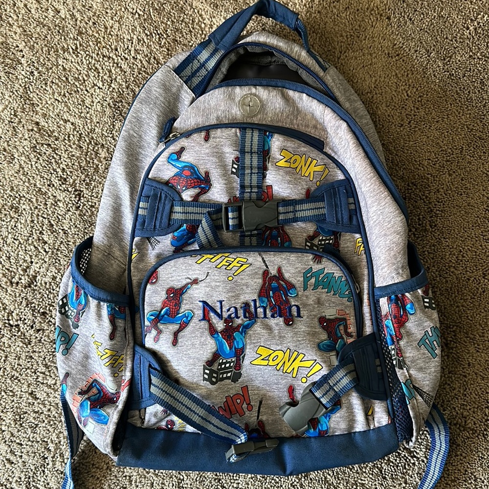 Pottery barn personalized spiderman backpack with the name Nathan.